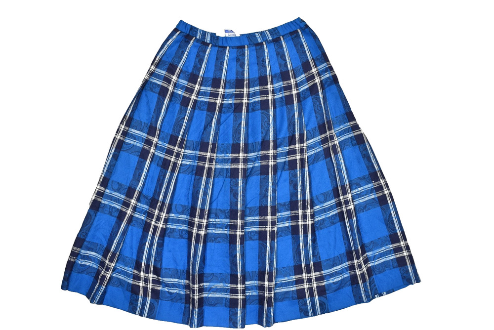 Vintage Pendleton Blue Plaid Wool Pleated Midi Skirt Size 12 USA Made Plaid